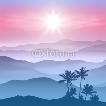 Background with palm tree and mountains in the fog