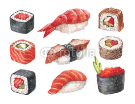 Naklejki Delicious sushi. Watercollor illustrations