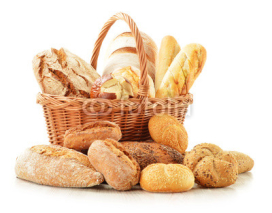 Naklejki Bread and rolls in wicker basket isolated on white