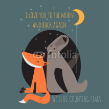 Fototapety Romantic greeting card with bear and fox. Card about friendship.