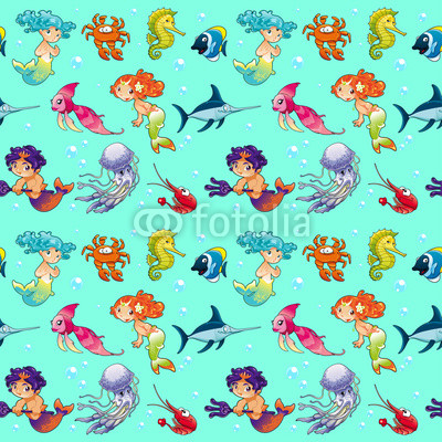 Funny sea animals with mermaids and background.