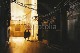 couple walking in alley at night,illustration painting