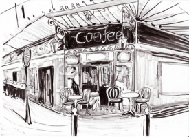 Naklejki Ręcznie rysowana kawiarnia w Paryżu