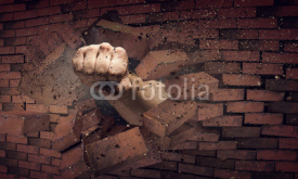 Obrazy i plakaty Hand breaking through the wall. Mixed media