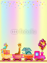 Fototapety parrot, giraffe, elephant  in train frame