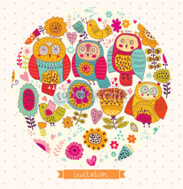 Naklejki Beautiful invitation with cheerful owls