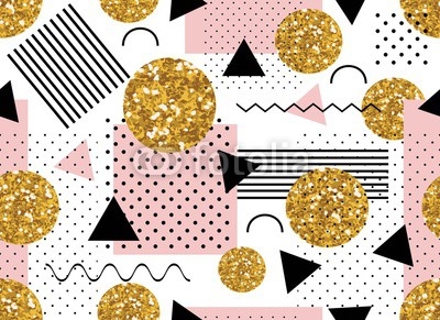 Abstract geometric seamless pattern or background with gold glitter dots.