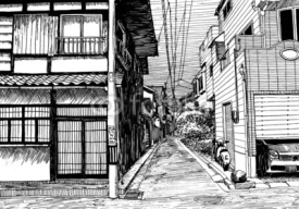 Obrazy i plakaty Rural old and new buildings on street over Matsuyama drawing ink