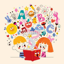 Naklejki cute kids reading book education concept illustration