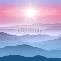 Background with sun and mountains in the fog