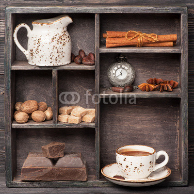 Hot chocolate and spices. Vintage set in wooden box. Сollage