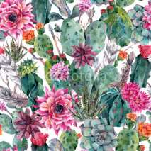 Fototapety Cactus watercolor seamless pattern in boho style. 