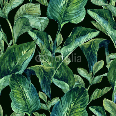 Watercolor Seamless Background with Tropical Leaves