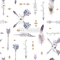 Naklejki Watercolor boho seamless pattern with teepee, arrows and feather