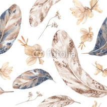 Fototapety Fall Watercolor Pattern with Feathers