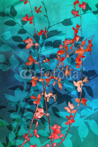 Beautiful,  artistic background with red leaves on blue