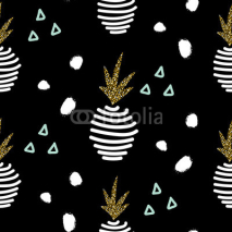 Glitter black scandinavian striped pineapple ornament. Vector gold seamless pattern collection. Modern shimmer details stylish texture.