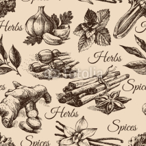 Naklejki Seamless pattern of kitchen herbs and spices. Hand drawn sketch