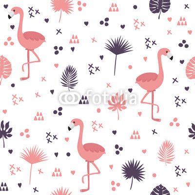 Seamless pattern with flamingos and leaves. Cute background with