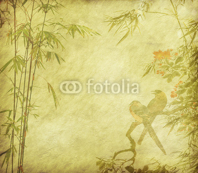 birds and Silhouette of branches of a bamboo on paper background