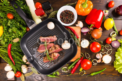 Slices of Rare Beef in Pan with Fresh Ingredients