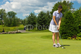Obrazy i plakaty Female golfer putting the golf ball on the green