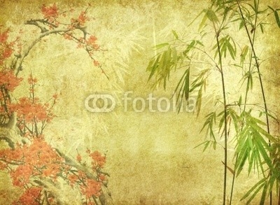 bamboo and plum blossom on old antique paper texture .