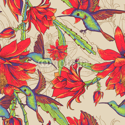 Seamless background flowers and hummingbirds