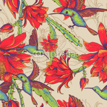 Fototapety Seamless background flowers and hummingbirds