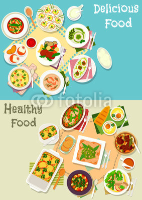 Italian and french cuisine dishes icon set