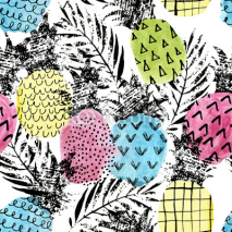 Naklejki Colorful pineapple with watercolor and grunge textures seamless pattern