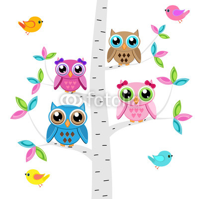 Vector set of a colorful owls and birds  at the tree