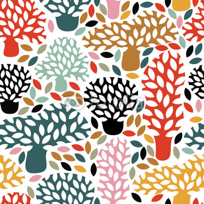 Vector multicolor seamless pattern with hand drawn doodle trees. Abstract autumn nature background. Design for fabric, textile fall prints, wrapping paper.