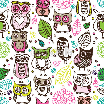 Seamless kids owl doodle pattern background in vector