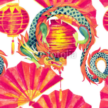 Fototapety Chinese Dragon watercolor seamless pattern.