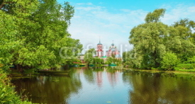 Naklejki Landscape with Church of  Forty Martyrs,, river, boats