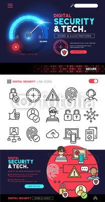 Digital Security and Technology designs with a flat icon set and privacy and cyber safety illustrations - vector collection.