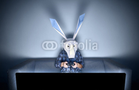 Rabbit gamer on the sofa