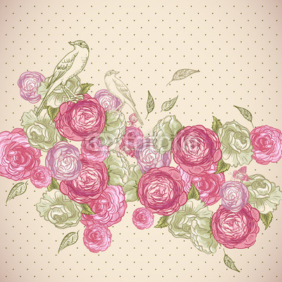 Rose Background with Birds and Butterflies