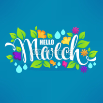 Hello March, vector banner design template with images of green