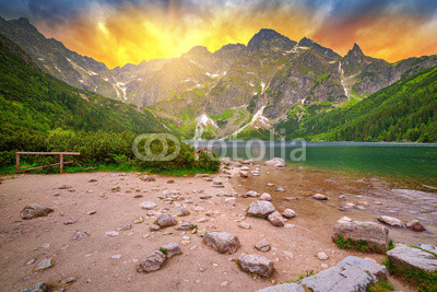 Eye of the Sea lake in Tatra mountains at sunset, Poland