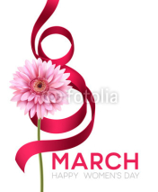 Greeting banner with gerbera flower and ribbon. 8 March - International Womens Day. Vector illustration