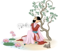 Obrazy i plakaty Beautiful Chinese woman with kitten