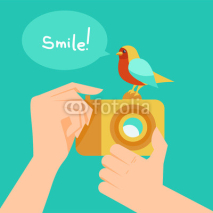 Obrazy i plakaty Vector digital camera and cartoon bird