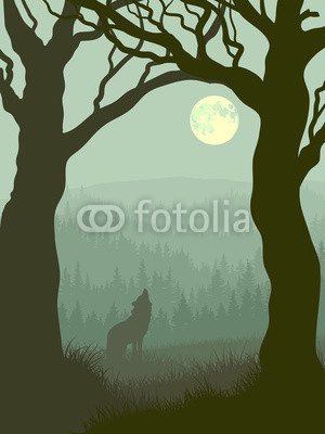 Square illustration of wolf howling at moon.
