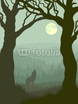 Fototapety Square illustration of wolf howling at moon.