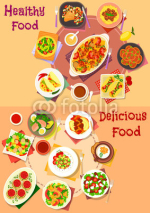 Salad and meat dishes with mexican snack icon set