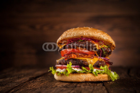 Naklejki Fresh home-made hamburger served on wood