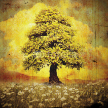 Lonely tree on meadow with daisies grunge style