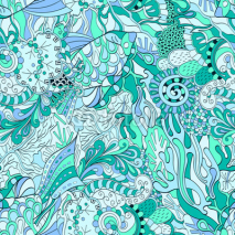 Naklejki Tracery seamless calming pattern. Mehendi design. Neat even colorful blue harmonious doodle texture. Algae sea motif. Indifferent discreet. Ambitious bracing usable, curved doodling mehndi. Vector.
